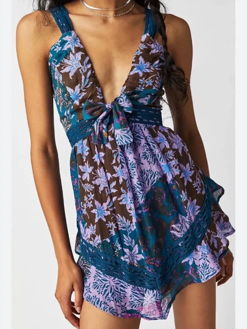 Free People Bali-Oletta Floral Romper Dress XS Teal Purple